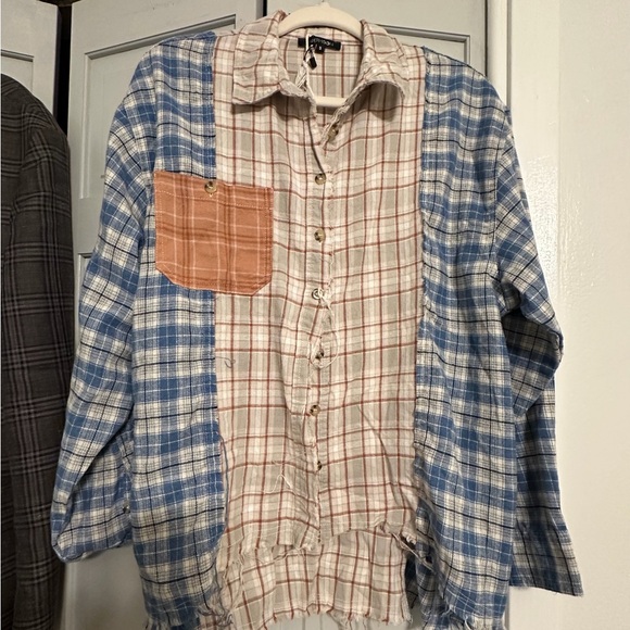 Papermoon Tops - Papermoon Blue and Cream Plaid Shirt Jacket with Orange Pocket